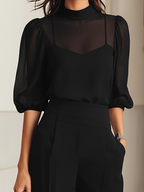 Women's black wide leg pants set with sheer puff sleeve mock neck top - view 4