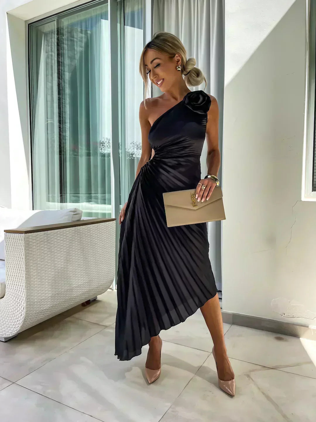 One-shoulder satin cocktail dress with rosette, waist cutout and pleated midi skirt - view 10