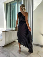 One-shoulder satin cocktail dress with rosette, waist cutout and pleated midi skirt - view 12