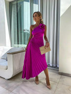 One-shoulder satin cocktail dress with rosette, waist cutout and pleated midi skirt - view 13