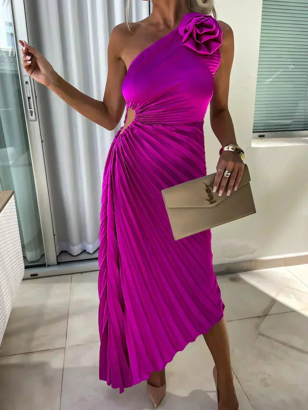 One-shoulder satin cocktail dress with rosette, waist cutout and pleated midi skirt - view 2