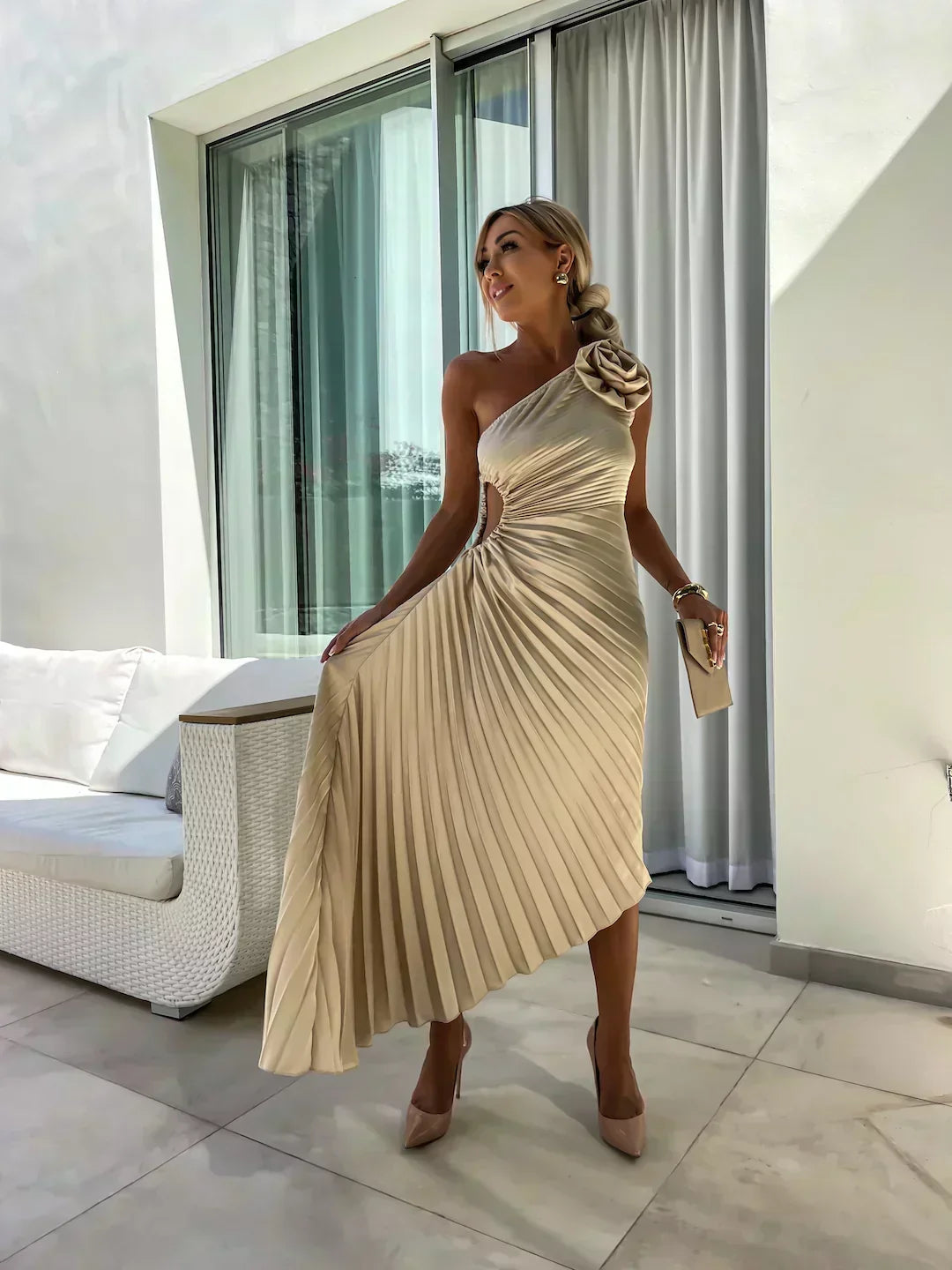 One-shoulder satin cocktail dress with rosette, waist cutout and pleated midi skirt - view 3