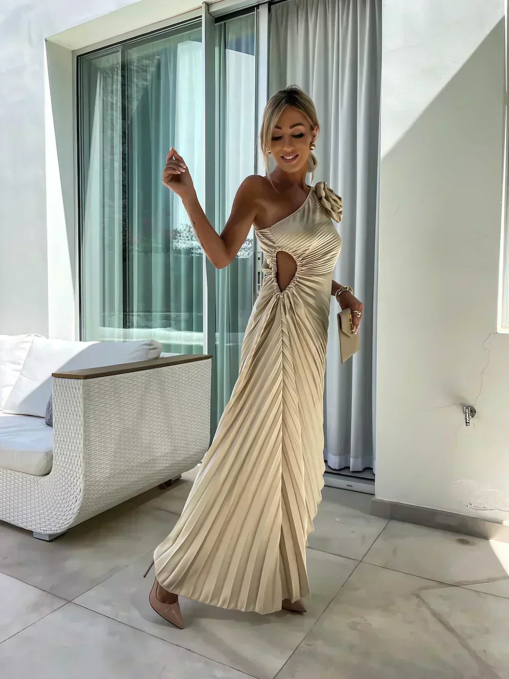One-shoulder satin cocktail dress with rosette, waist cutout and pleated midi skirt - view 5