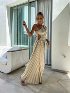One-shoulder satin cocktail dress with rosette, waist cutout and pleated midi skirt - view 5