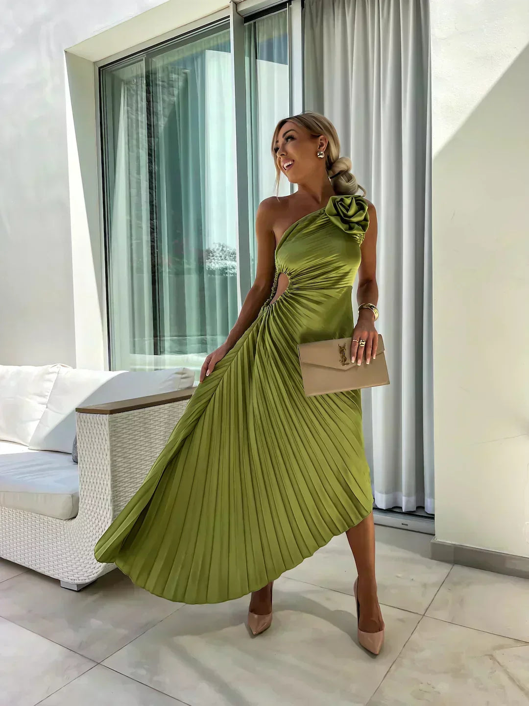 One-shoulder satin cocktail dress with rosette, waist cutout and pleated midi skirt - view 7