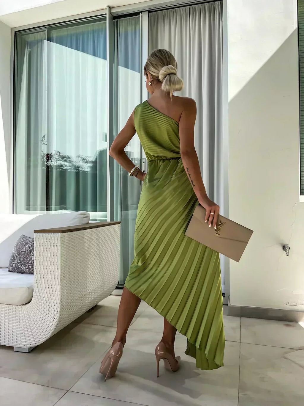 One-shoulder satin cocktail dress with rosette, waist cutout and pleated midi skirt - view 9