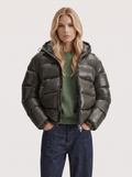 Glossy women's puffer jacket with hood and stand collar