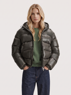 Glossy women's puffer jacket with hood and stand collar