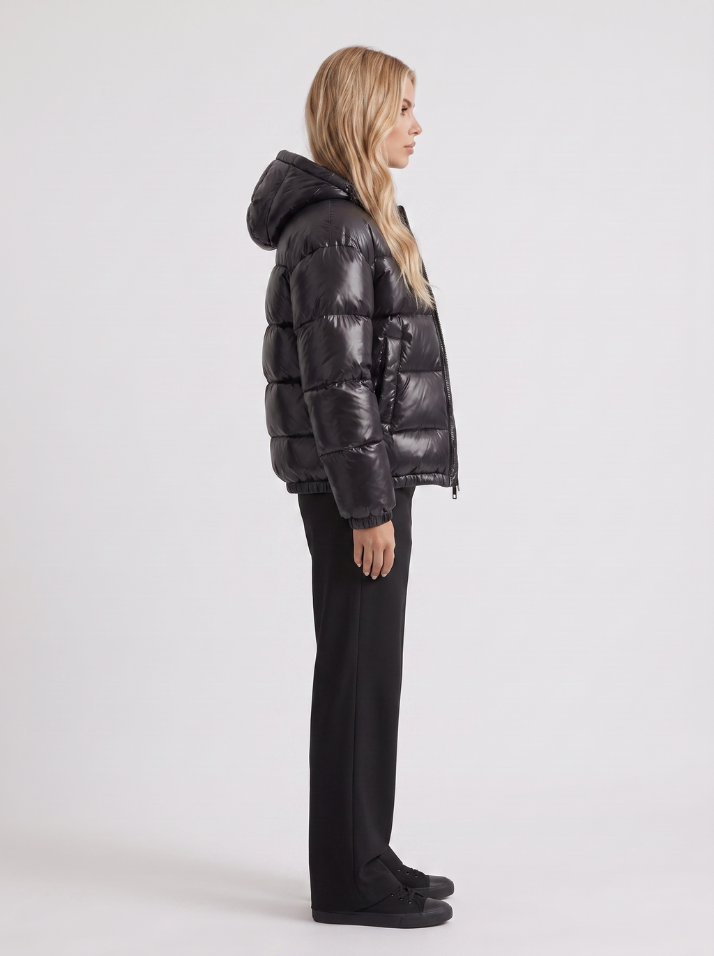 Glossy women's puffer jacket with hood and stand collar - view 10