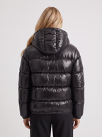 Glossy women's puffer jacket with hood and stand collar - view 11