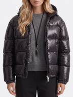 Glossy women's puffer jacket with hood and stand collar - view 12