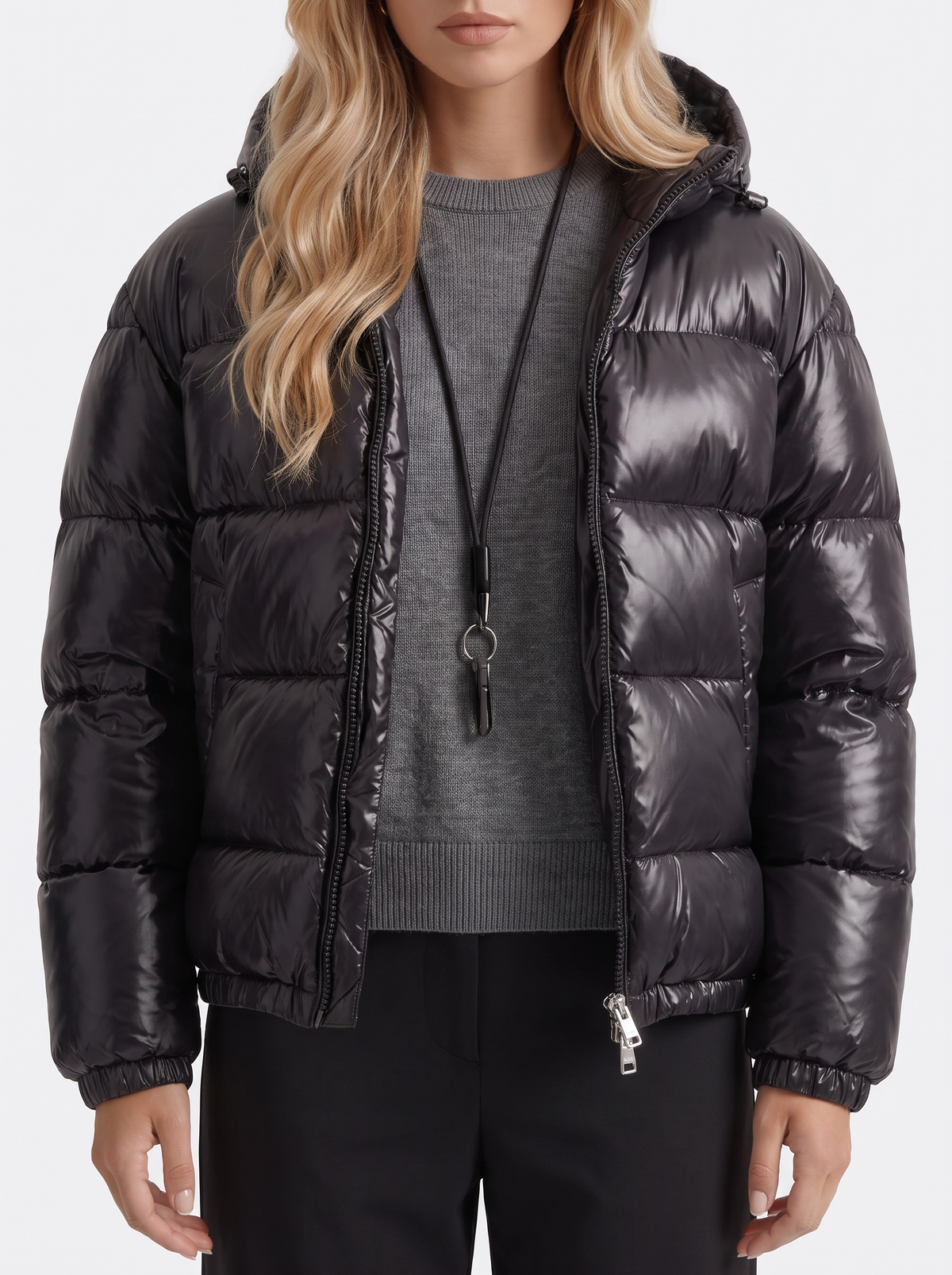 Glossy women's puffer jacket with hood and stand collar - view 12