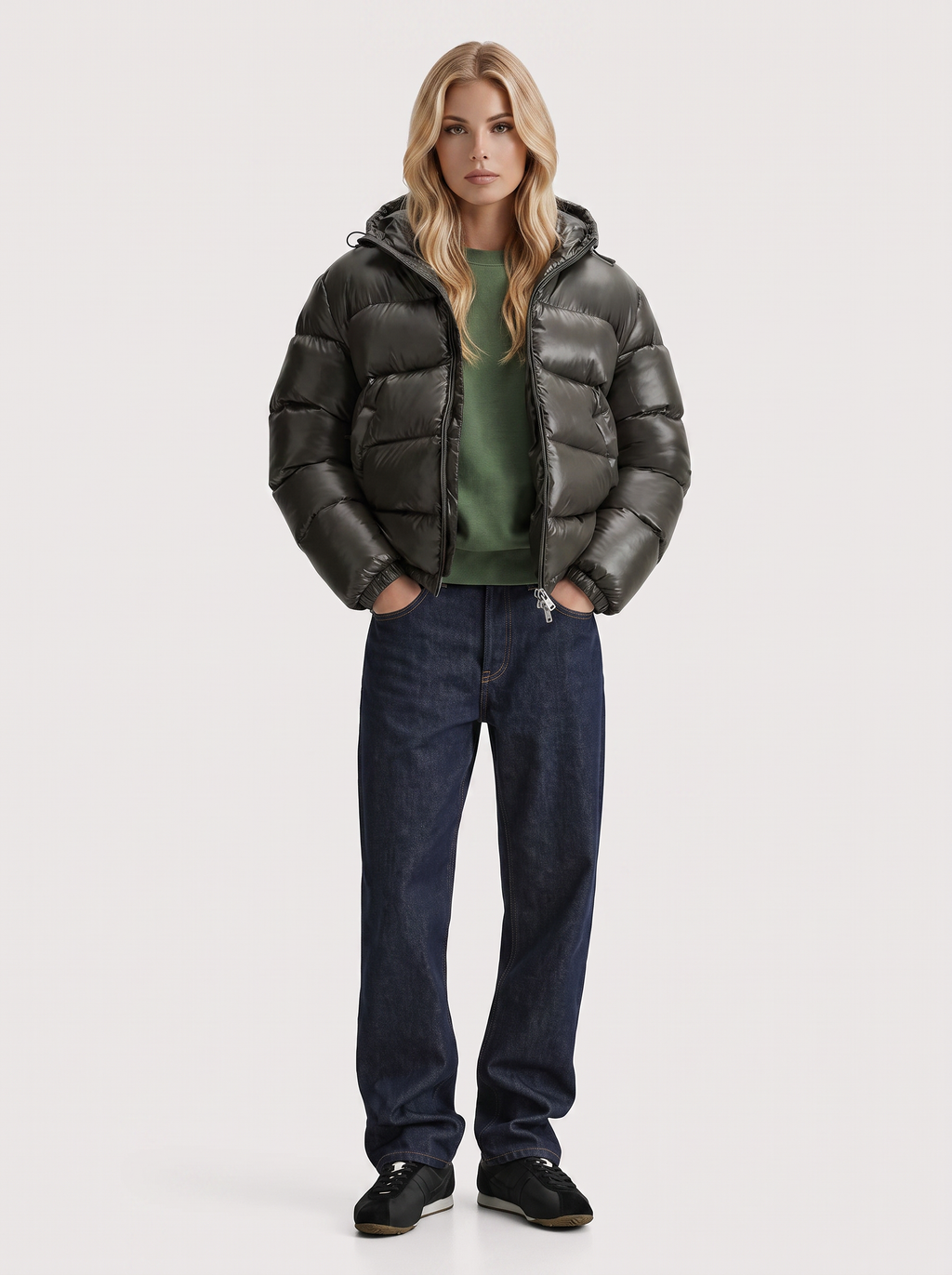 Glossy women's puffer jacket with hood and stand collar - view 2