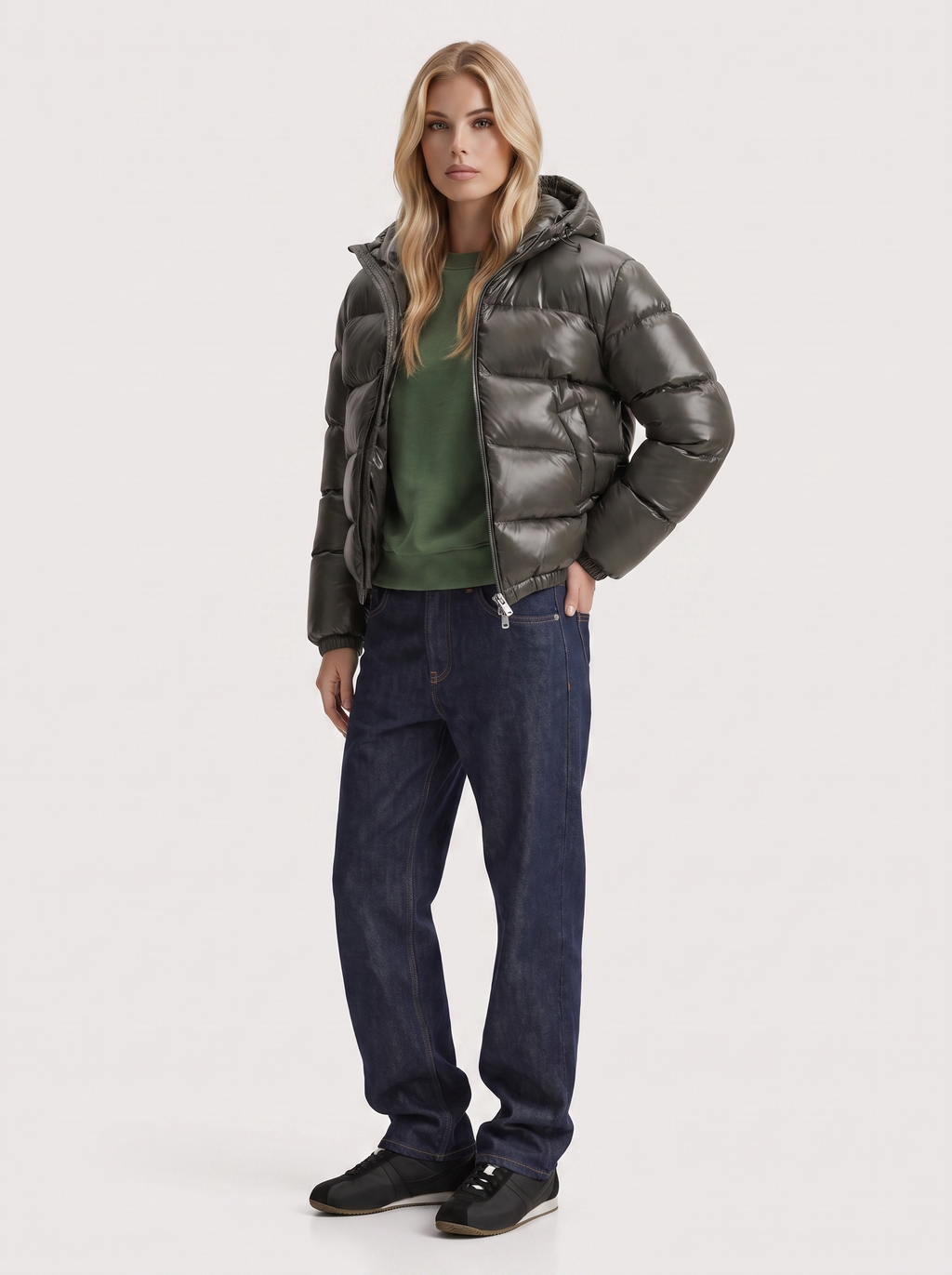 Glossy women's puffer jacket with hood and stand collar - view 3