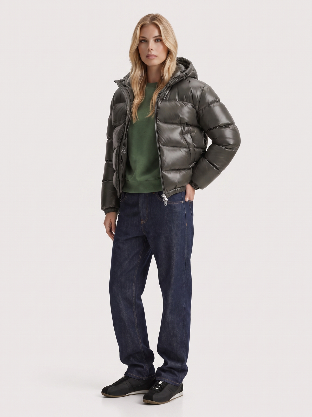 Glossy women's puffer jacket with hood and stand collar - view 3
