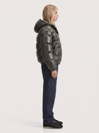 Glossy women's puffer jacket with hood and stand collar - view 4