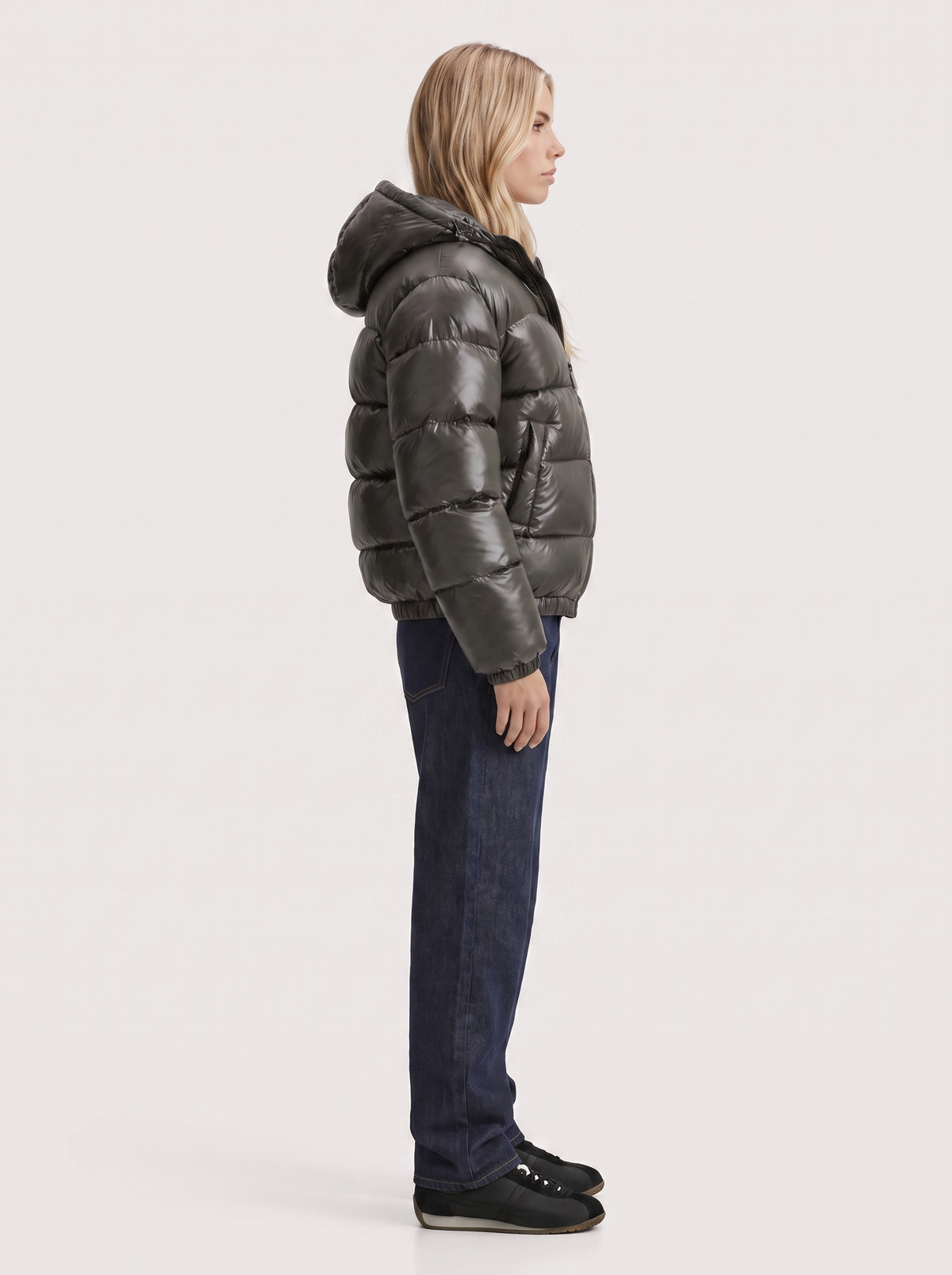 Glossy women's puffer jacket with hood and stand collar - view 4