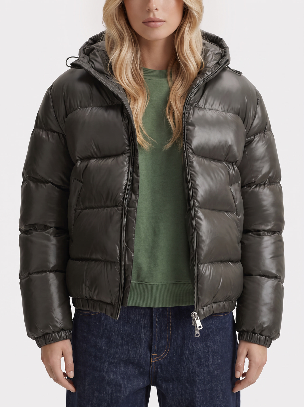 Glossy women's puffer jacket with hood and stand collar - view 6