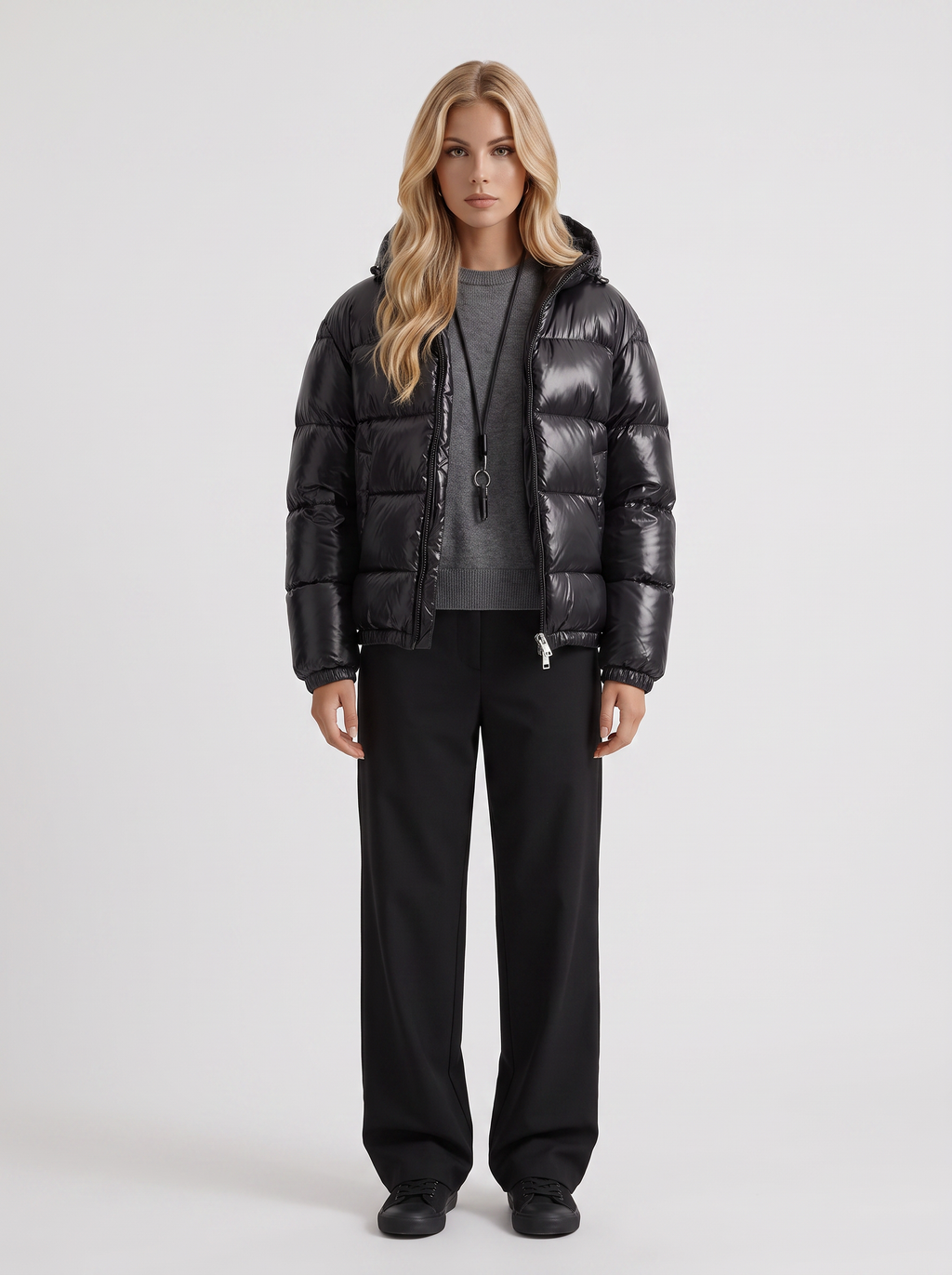 Glossy women's puffer jacket with hood and stand collar - view 7