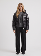 Glossy women's puffer jacket with hood and stand collar - view 7