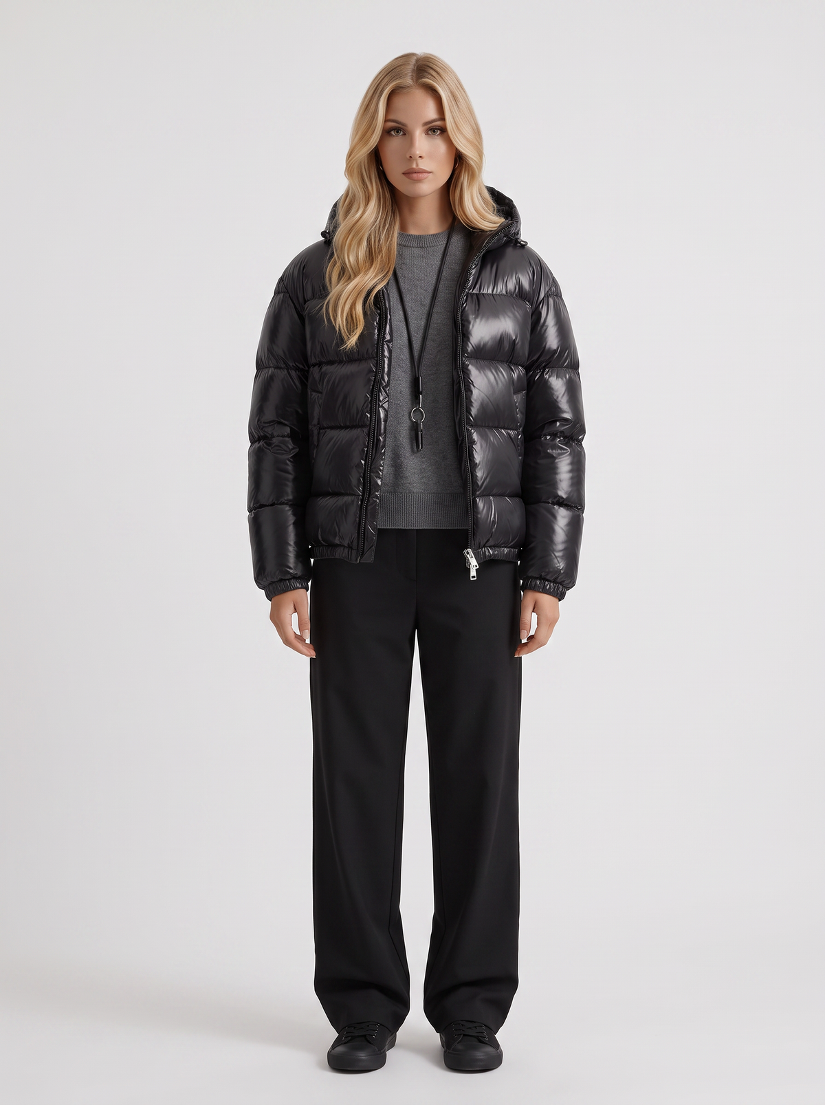 Glossy women's puffer jacket with hood and stand collar - view 7