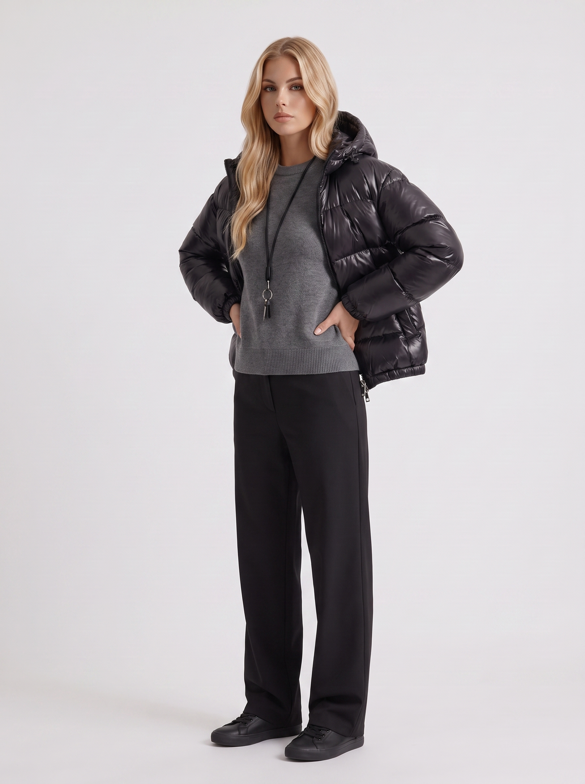 Glossy women's puffer jacket with hood and stand collar - view 9