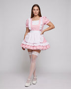 Women's ruffled maid Halloween costume dress with white apron and puff sleeves