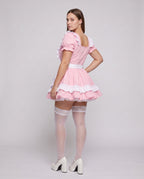 Women's ruffled maid Halloween costume dress with white apron and puff sleeves - view 3