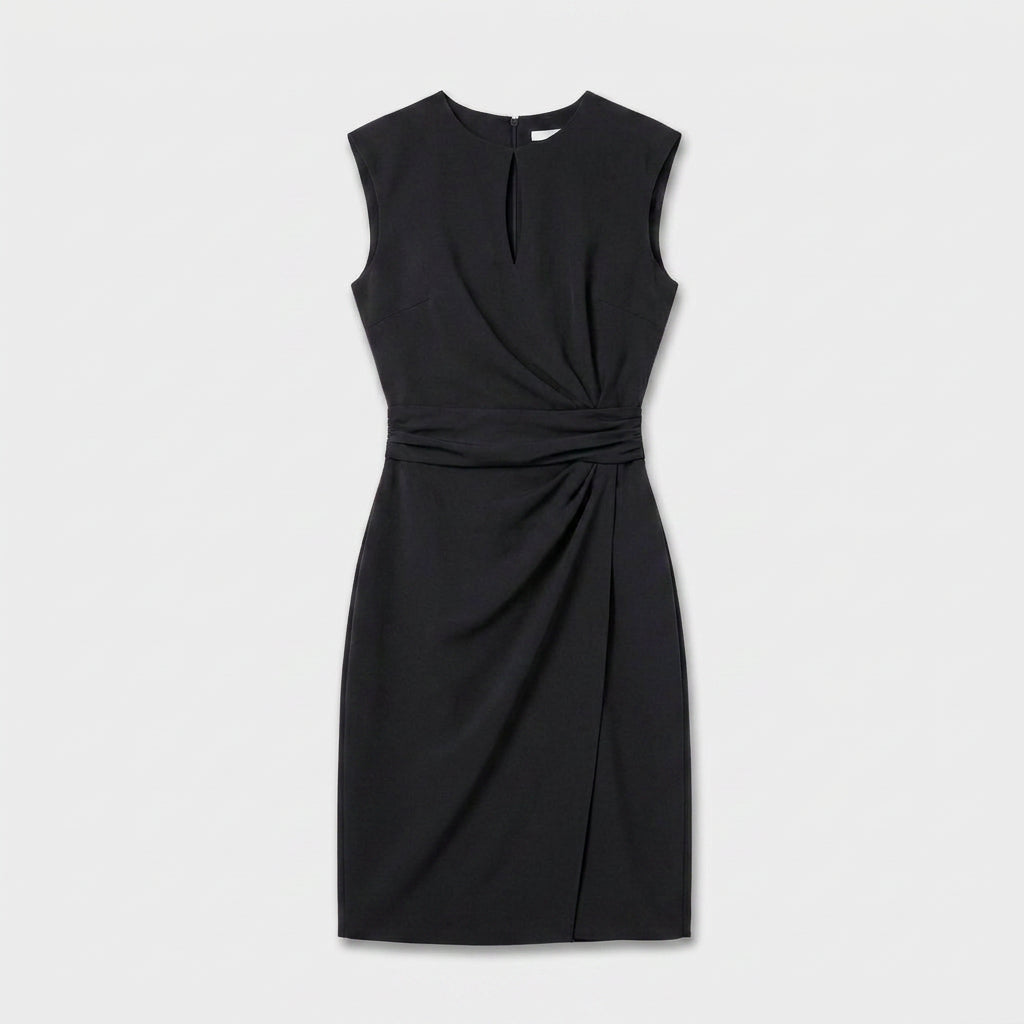 Sleeveless navy blue keyhole cocktail dress with ruched waist and faux wrap skirt - view 10
