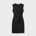 Sleeveless navy blue keyhole cocktail dress with ruched waist and faux wrap skirt - view 10