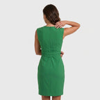 Sleeveless navy blue keyhole cocktail dress with ruched waist and faux wrap skirt - view 12