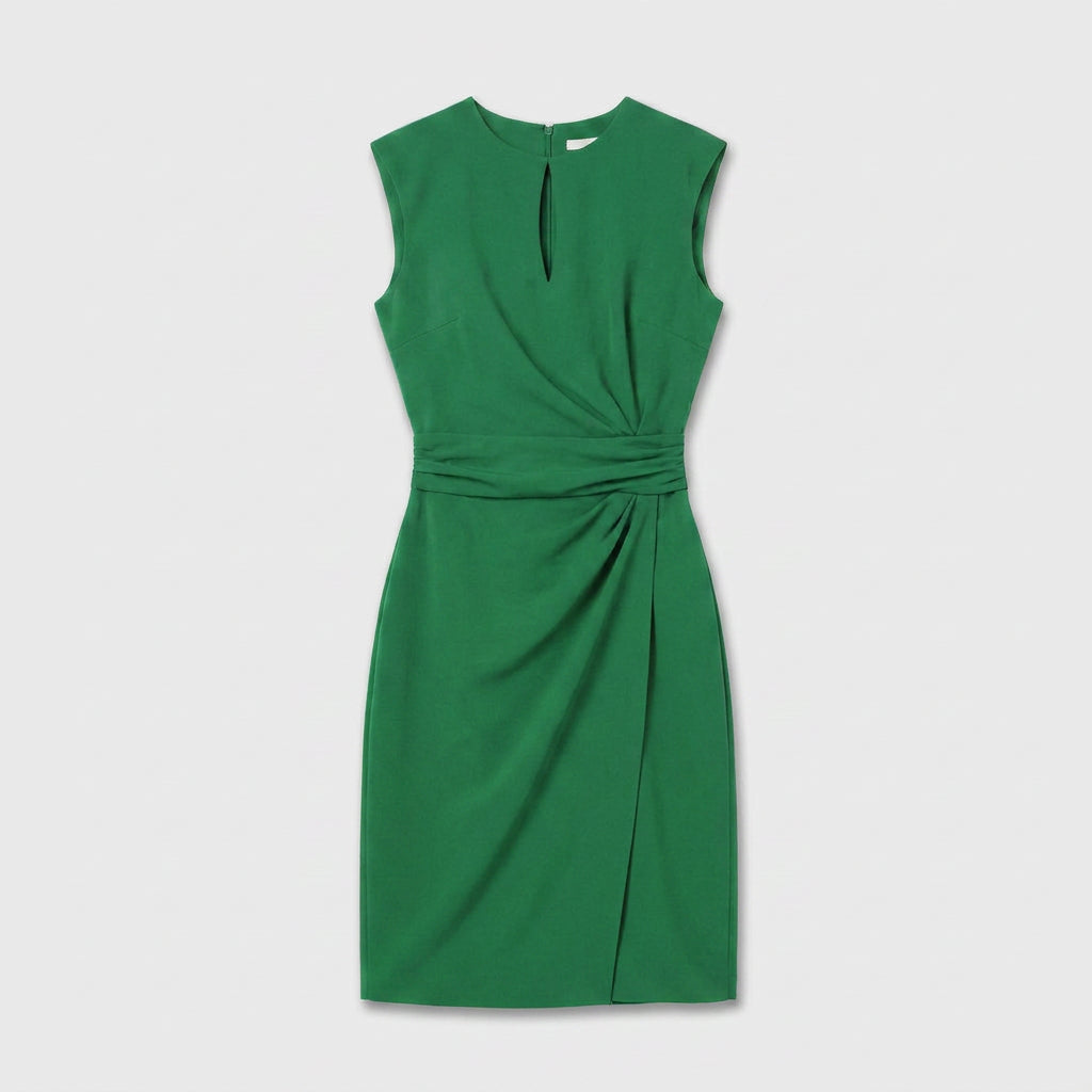 Sleeveless navy blue keyhole cocktail dress with ruched waist and faux wrap skirt - view 13