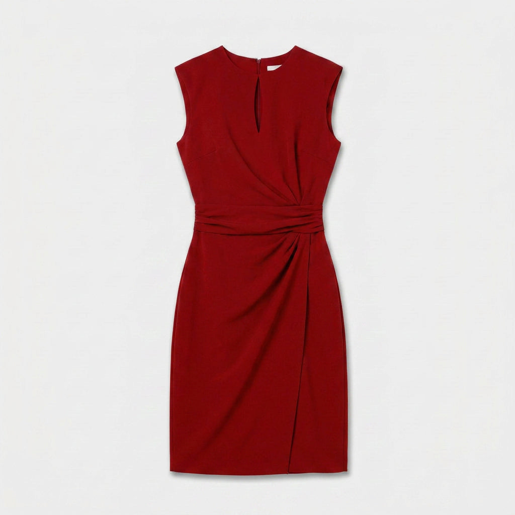 Sleeveless navy blue keyhole cocktail dress with ruched waist and faux wrap skirt - view 16