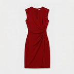 Sleeveless navy blue keyhole cocktail dress with ruched waist and faux wrap skirt - view 16