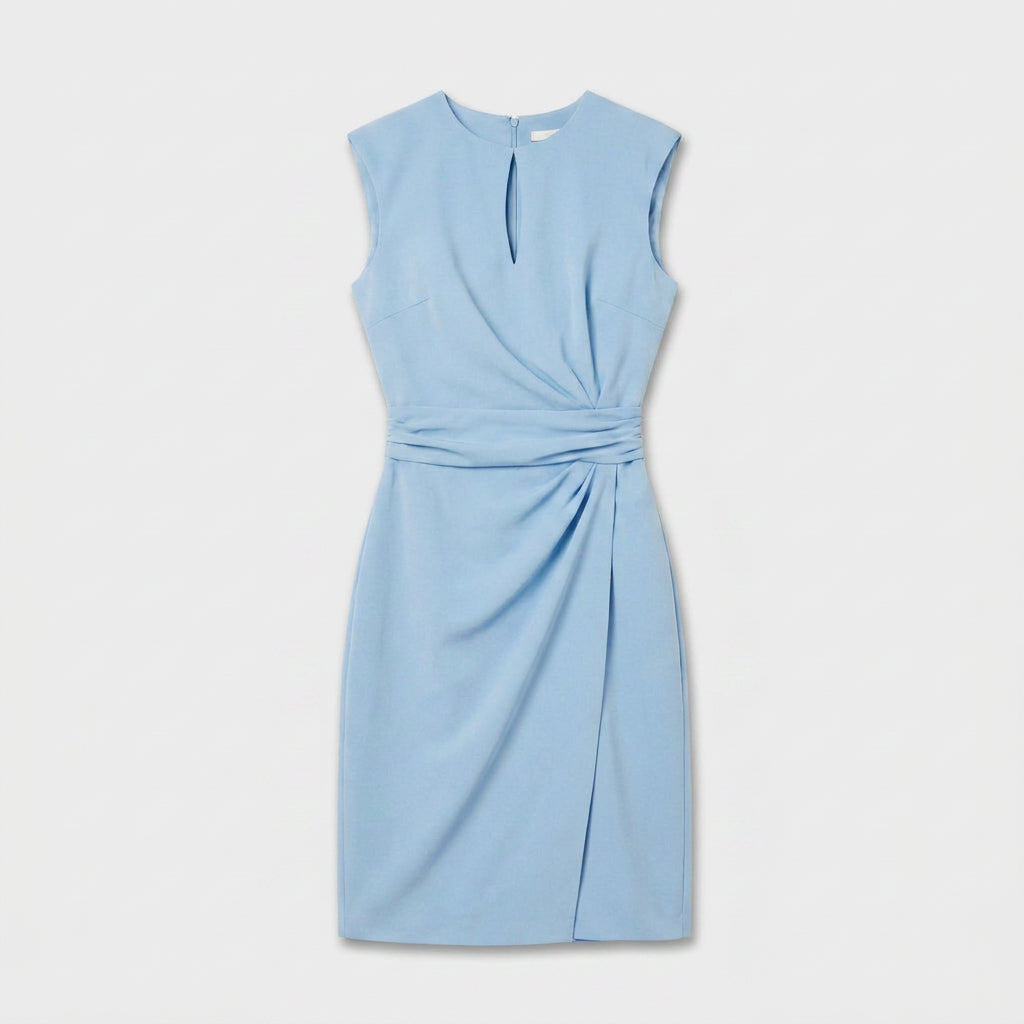 Sleeveless navy blue keyhole cocktail dress with ruched waist and faux wrap skirt - view 19