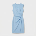 Sleeveless navy blue keyhole cocktail dress with ruched waist and faux wrap skirt - view 19