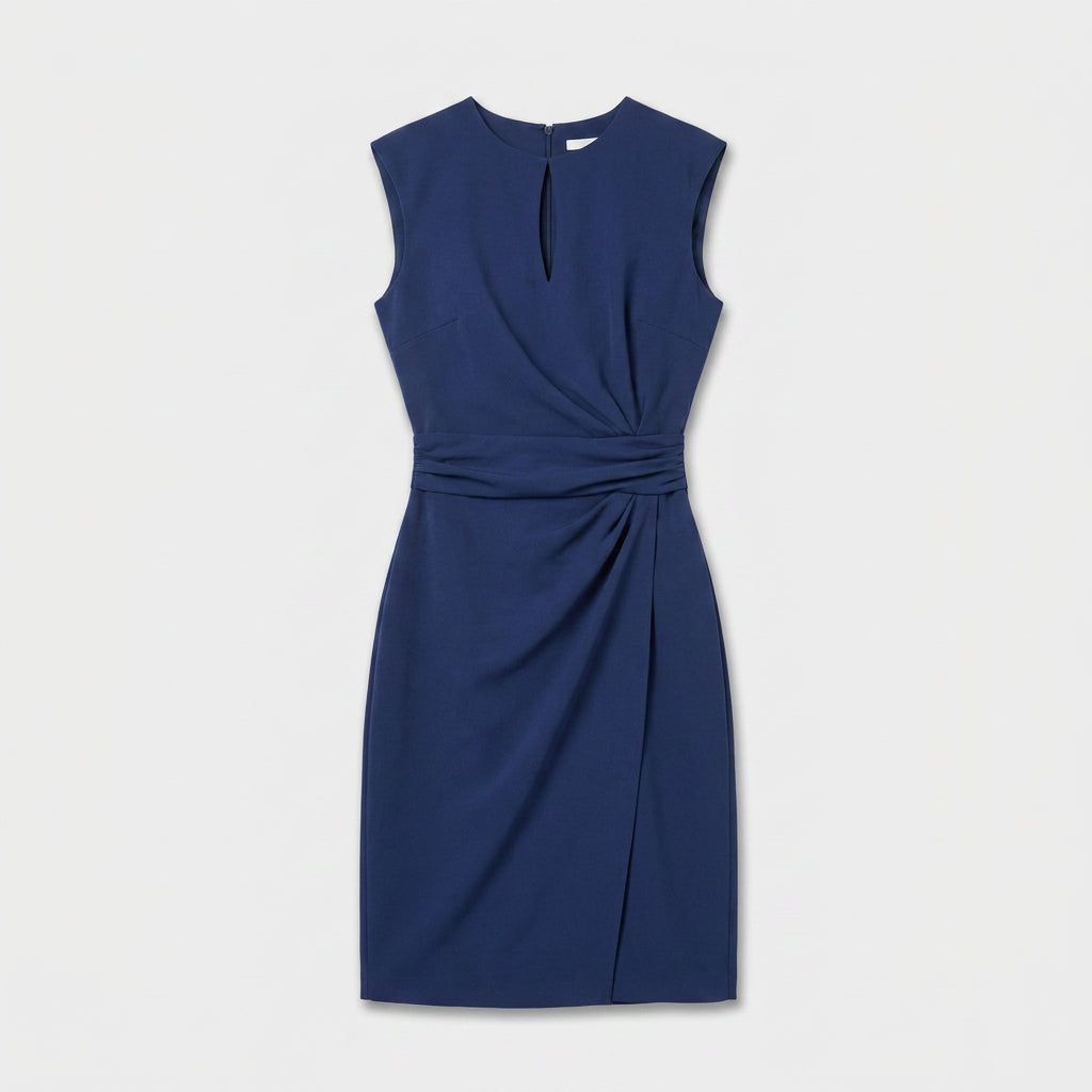 Sleeveless navy blue keyhole cocktail dress with ruched waist and faux wrap skirt - view 4