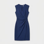 Sleeveless navy blue keyhole cocktail dress with ruched waist and faux wrap skirt - view 4