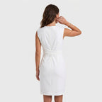 Sleeveless navy blue keyhole cocktail dress with ruched waist and faux wrap skirt - view 6