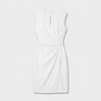 Sleeveless navy blue keyhole cocktail dress with ruched waist and faux wrap skirt - view 7