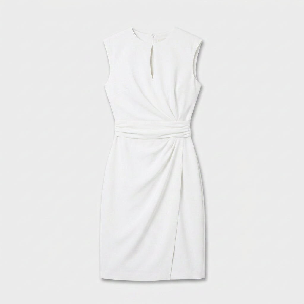 Sleeveless navy blue keyhole cocktail dress with ruched waist and faux wrap skirt - view 7