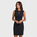 Sleeveless navy blue keyhole cocktail dress with ruched waist and faux wrap skirt - view 8