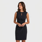 Sleeveless navy blue keyhole cocktail dress with ruched waist and faux wrap skirt - view 8