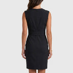 Sleeveless navy blue keyhole cocktail dress with ruched waist and faux wrap skirt - view 9