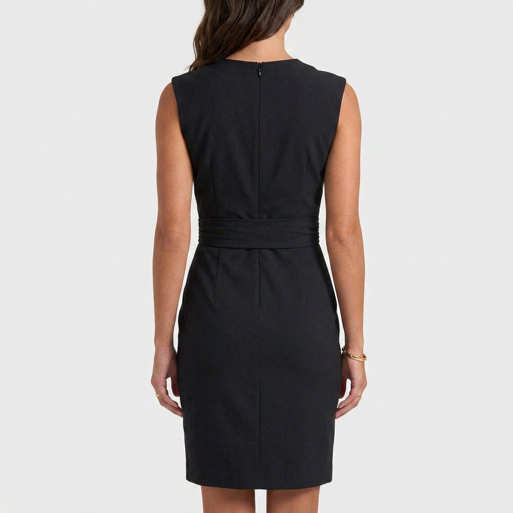 Sleeveless navy blue keyhole cocktail dress with ruched waist and faux wrap skirt - view 9