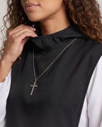 Women's nun Halloween costume with black hooded tabard over white long-sleeve robe - view 2