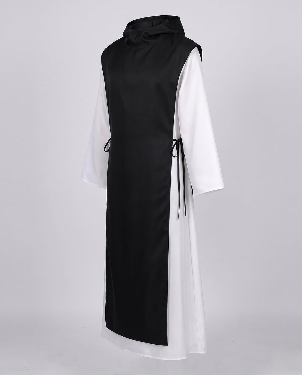 Women's nun Halloween costume with black hooded tabard over white long-sleeve robe - view 4