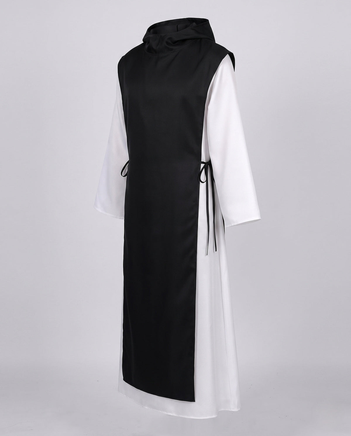 Women's nun Halloween costume with black hooded tabard over white long-sleeve robe - view 4