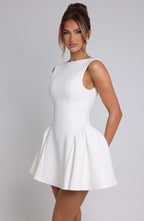 Sleeveless boat neck backless mini dress with fitted bodice and full flared skirt - view 11