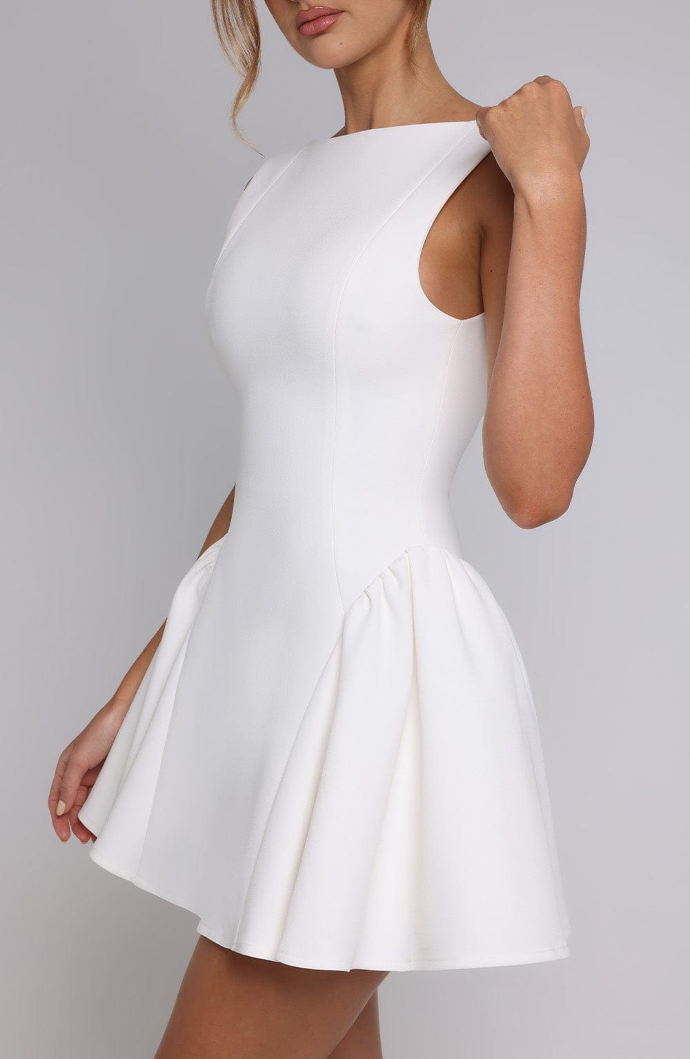 Sleeveless boat neck backless mini dress with fitted bodice and full flared skirt - view 12